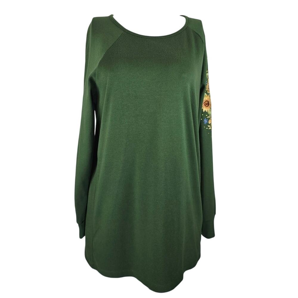 Quacker Factory Green Sun Flower Embroidered Bling Design Long Sleeve Top L